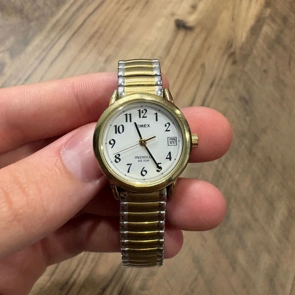 Vintage Y2K Timex Watch Womens OS Two Tone Indiglo Date Expansion Band 90s Retro